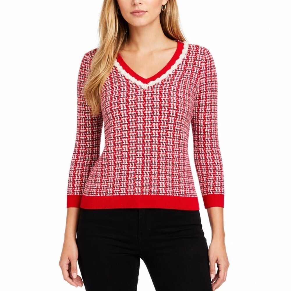 Charter Club Embellished Sweater Red Pearl Trim V Neck Womens Size XXL NWT